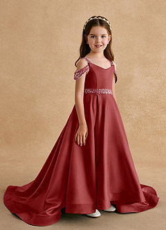 Azazie Jodi Robe Demoiselle D'honneur Fillette Robe Trapèze en Mat Satiné Rouille image3