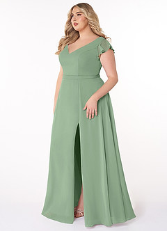 Azazie Claudine Final Sale Matcha A-Line Flutter Sleeve Chiffon Dress image9