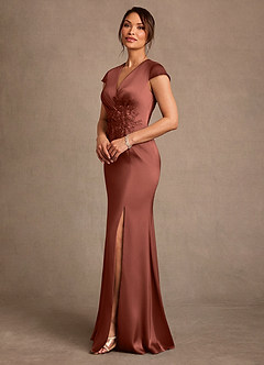 Azazie Rilda 신부의 어머니 드레스 쉬스 레이스 스트레치 새틴 플로어 길이 드레스 image2