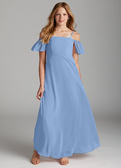 Azazie Sue Junior Jurk van Chiffon met A-Lijn Off the Shoulder Staal Blauw image1