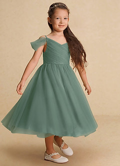 Azazie Lizzette Flower Girl Dresses Eucalyptus A-Line Ruched Tulle Dress image4