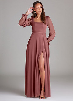 Azazie Leonia Bridesmaid Dresses Amethyst A-Line Long Sleeve Mesh Dress image1