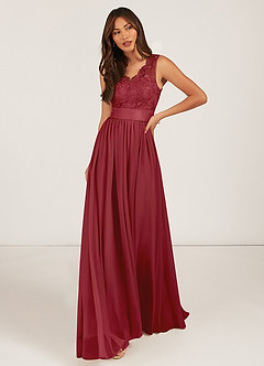 Azazie Gertrude Brautjungfernkleider A-Linie Spitze Chiffon Kleid Granatapfelrot image1