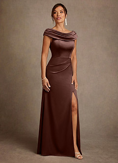 Azazie Irvine Mother of the Bride Dresses Espresso A-Line Pleated Stretch Satin Dress image4