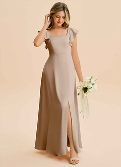 Azazie Bondi Junior Abito A-Line in Raso Elasticizzato Spacco Laterale Taupe image3