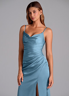 Azazie Claudelle Jurken voor bruidsmeisjes Jurk van Stretch Satijn met Zeemeermin Strapless Staal Blauw image2