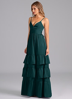 Azazie Nathalia Bridesmaid Dresses Pine A-Line Pleated Stretch Satin Dress image4