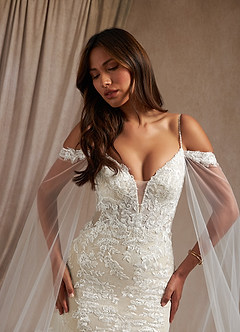 Azazie Leonie Wedding Dresses Diamond White Champagne Mermaid V-Neck Sequins Tulle Dress image18