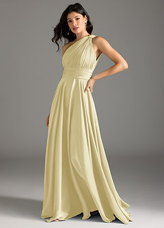 Azazie Charlize Bridesmaid Dresses Lemon Sorbet A-Line One Shoulder Stretch Satin Dress image4