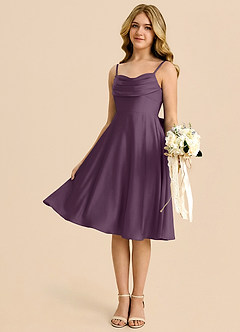 Azazie Bear Junior Robe Trapèze en Satin extensible Encolure en Forme de Cœur Prune image4