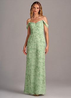 Azazie Denice Abiti da Damigella Abito Tubino in Chiffon a Pieghe Green Fern Floral image4
