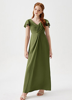 Azazie Soren Junior Olive A-Line Ruched Stretch Satin Dress image4