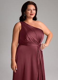 Azazie Brooke Robes de demoiselle d'honneur Robe Trapèze en Satin extensible Ue épaule Merlot image13