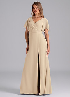 Azazie Ambrosia Bridesmaid Dresses Champagne A-Line Pleated Chiffon Dress image1