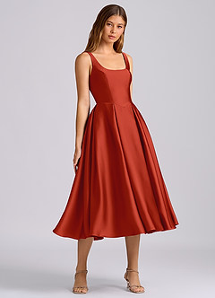 Azazie Amalie Bridesmaid Dresses Rust A-Line Pleated Stretch Satin Dress image1