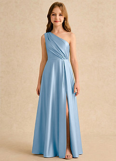 Azazie Puddles Girls Formal Robe Demoiselle D'honneur Fillette Robe Trapèze en Satin extensible Une épaule Poudre Bleue image6