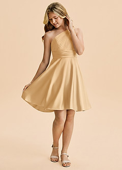 Azazie Charlize Junior A-Linie Plissee Stretch-Satin Kleid Gold image4
