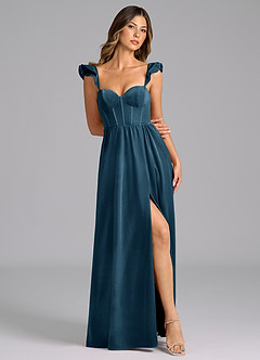 Azazie Denisse Bridesmaid Dresses Blue Topaz A-Line Ruched Velvet Dress image4