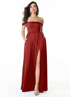 Azazie Morana Bridesmaid Dresses Pomegranate A-Line Off the Shoulder Stretch Satin Convertible Dress image1