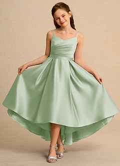 Azazie Sweets Girl Jurken voor bloemenmeisjes A-Lijn Jurk van Mat Satijn Geplooid Stoffige Salie image4