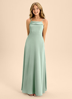 Azazie Anselie Junior Agave A-Line Off the Shoulder Stretch Satin Dress image4