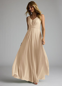 Azazie Gina Bridesmaid Dresses Champagne A-Line V-Neck Pleated Chiffon Dress image2