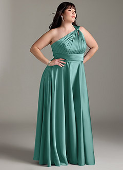 Azazie Charlize Bridesmaid Dresses Aqua A-Line One Shoulder Stretch Satin Dress image4