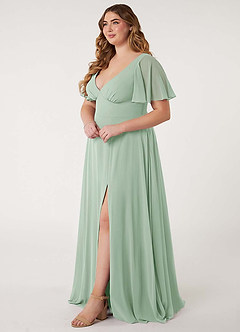 Azazie Kimber Bridesmaid Dresses Agave A-Line Flounce Sleeve Chiffon Dress image11