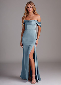 Azazie Saige Bridesmaid Dresses Dusty Blue Sheath Off the Shoulder Stretch Satin Dress image1