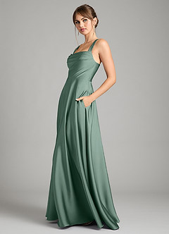 Azazie Shaude Vestidos de damas de honor Vestido de Eucalipto de Satén Elástico de Corte en A con Plisado image4