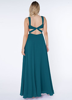 Azazie Nahrin Robes de demoiselle d'honneur Robe Trapèze en Mousseline de soie Col V plissé Bleu Encre image2