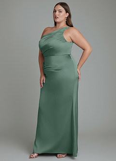Azazie Akilah Jurken voor bruidsmeisjes Jurk van Stretch Satijn met Zeemeermin One-shoulder Eucalyptus image11