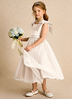 Azazie Serene Flower Girl Dresses White Alabaster Ball-Gown Bow Matte Satin Dress image2