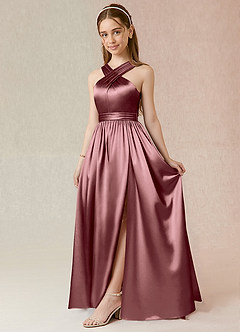 Azazie Jiya Junior Robe Trapèze en Satiné métallisé Plissée Mauve Vintage image1