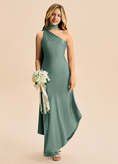 Azazie Briony Junior Eucalyptus Sheath Pleated Stretch Satin Dress image1