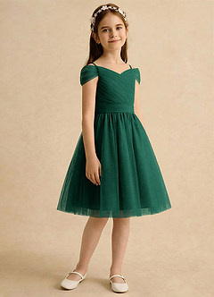 Azazie Lila Girls Formal Robe Demoiselle D'honneur Fillette Robe Trapèze en Tulle Épaule décolletée émeraude image5