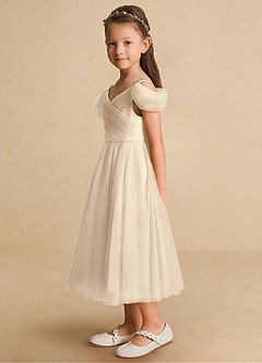 Azazie Lizzette Flower Girl Dresses Champagne A-Line Ruched Tulle Dress image3