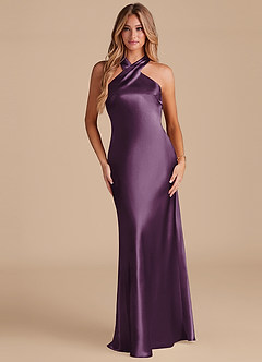 Azazie Doretta Bridesmaid Dresses Plum Mermaid Bow Metallic Satin Dress image1