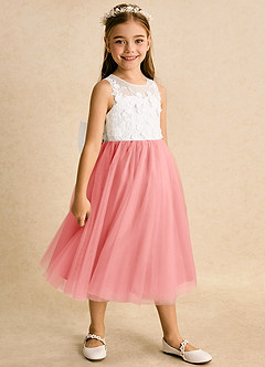 Azazie Lina Flower Girl Dresses Ivory Coral Ball-Gown Lace Dress image3