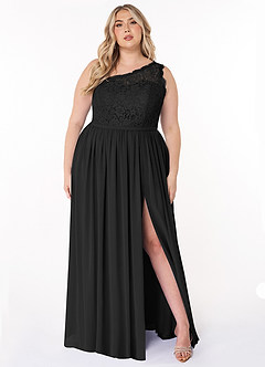 Azazie Demi Vestidos de damas de honor Vestido de Negro de Gasa de Corte en A con Hombro unilateral image7