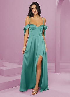 Barbie ♥ Azazie Bridesmaid Dresses Aqua A-Line Off the Shoulder Stretch Satin Dress image13