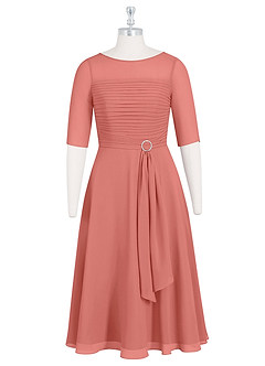 Azazie Naomi Mère de la mariée Robes Robe Trapèze en Mousseline de soie Col bateau plissé Rose Saumon image7