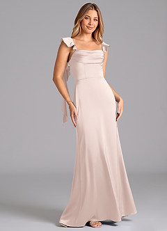 Azazie Adi 신부 들러리 드레스 A라인 주름진 스트레치 새틴 바닥 길이 드레스 image5