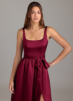 Azazie Elliott Bridesmaid Dresses Burgundy A-Line with Pockets Stretch Satin Dress image2