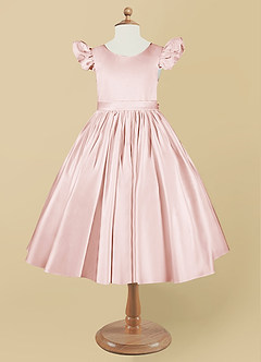 Azazie Violeta Flower Girl Dresses Blushing Pink Ball-Gown Bow Matte Satin Dress image7