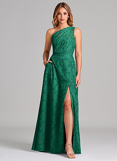 Azazie Phaedra Bridesmaid Dresses Emerald A-Line One Shoulder Floral Burnout Dress image1