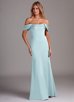 Azazie Saige Bridesmaid Dresses Cloud Blue Sheath Off the Shoulder Stretch Satin Dress image4