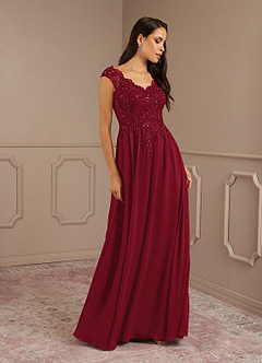 Azazie Amethyst vestidos de madre de la novia Vestido de Borgoña de Gasa de Corte En A con Lentejuelas Cuello V image4