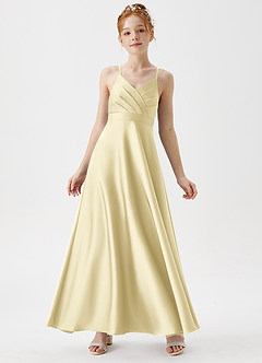 Azazie Avelina Junior Lemon Sorbet A-Line Pleated Stretch Satin Dress image1