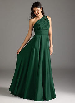 Azazie Charlize Bridesmaid Dresses Dark Green A-Line One Shoulder Stretch Satin Dress image2